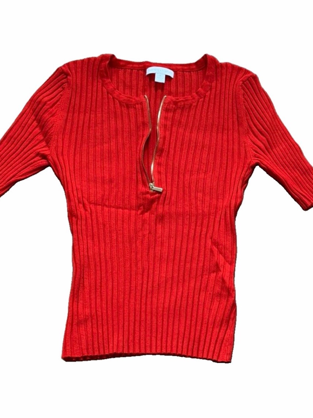 New York & Company Redish Orange Ribbed Zip-Front Short Sleeve Knit